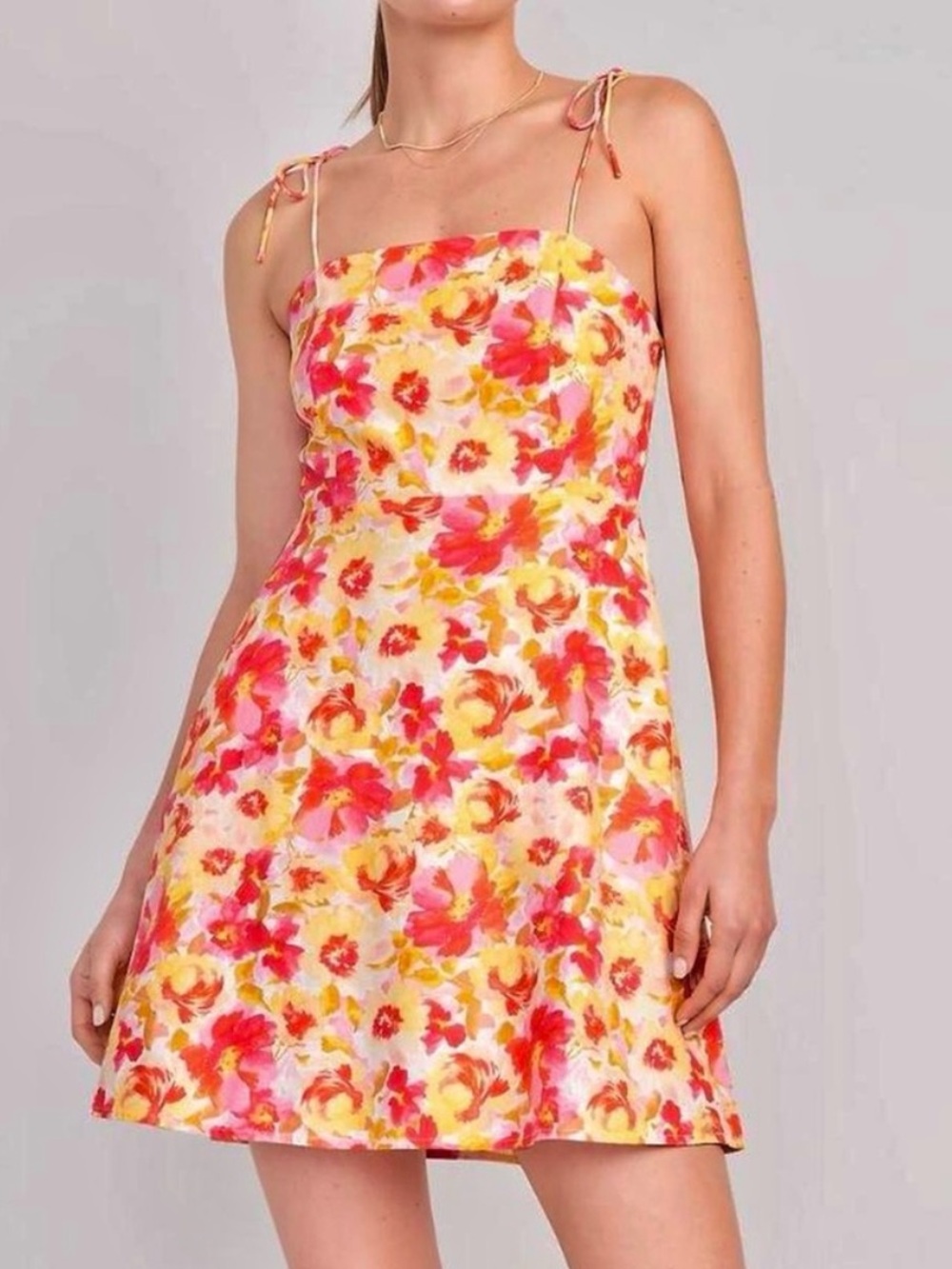 Euro Summer Pink & Yellow Floral Tie-Strap Linen Blend Mini Dress - Size S